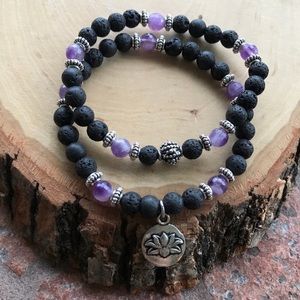 Amethyst lotus bracelet .Lava rock beads & amethyst gemstones lotus flower charm